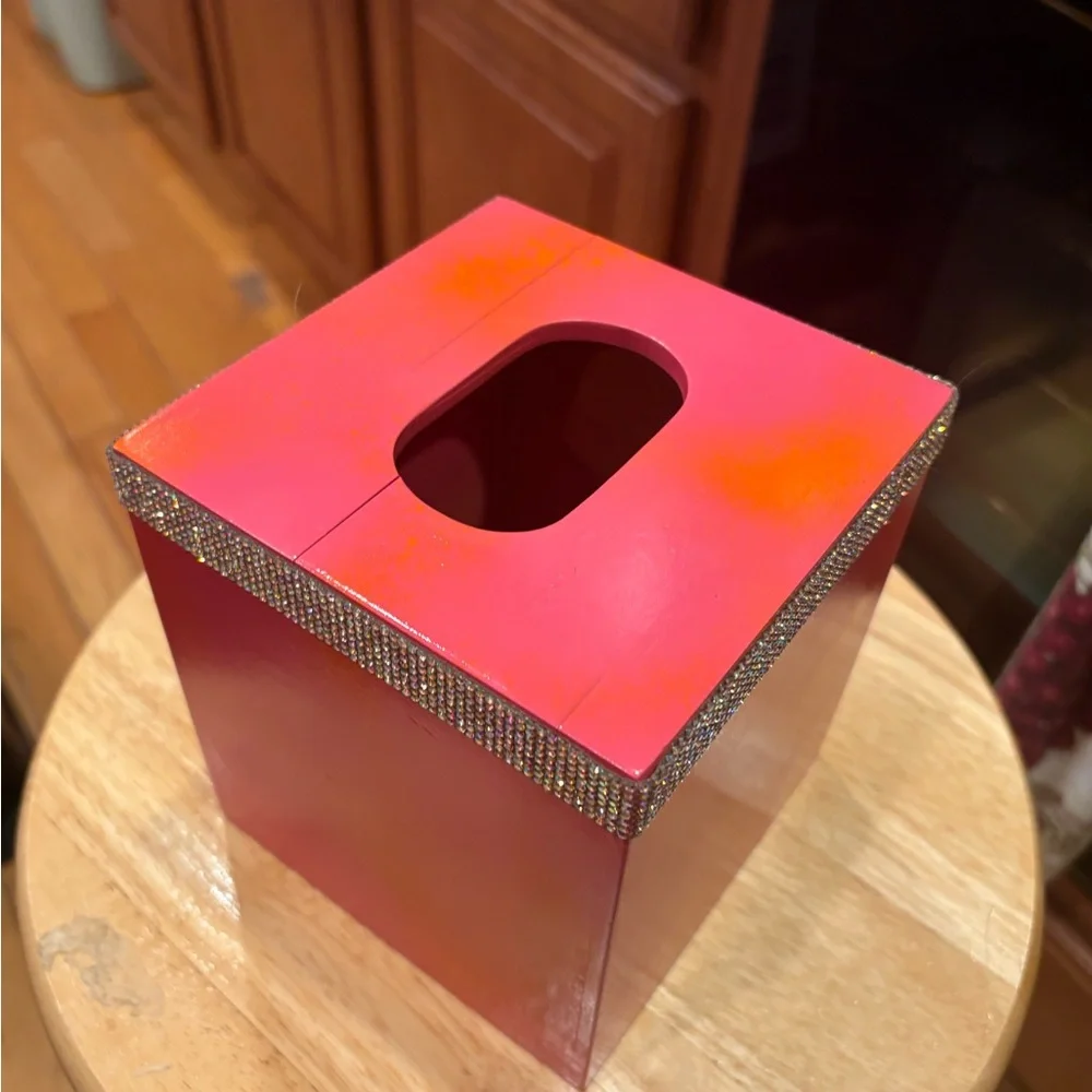 Hand Designed/Painted Tissue Box Pink & Orange with Rhinestone Trim! NEW!